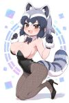  1girl :d alternate_costume animal_ears black_bow black_bowtie black_footwear black_gloves black_leotard blush bow bowtie brown_eyes commentary common_raccoon_(kemono_friends) detached_collar extra_ears eyebrows_visible_through_hair fang fishnets fur_trim gloves grey_hair heart high_heels kemono_friends kneeling leotard multicolored_hair open_mouth pantyhose playboy_bunny_leotard raccoon_ears raccoon_girl raccoon_tail ransusan short_hair smile solo strapless strapless_leotard tail white_fur white_hair 