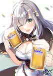  1girl absurdres alcohol apron bangs beer beer_mug black_bow black_bowtie blue_sky blurry blurry_background blush bow bowtie breasts cleavage commentary_request cup detached_collar dirndl eyebrows_visible_through_hair falling_leaves flower foam german_clothes green_eyes hair_flower hair_ornament highres holding holding_cup hololive large_breasts leaf long_hair looking_at_viewer mug official_alternate_costume one_eye_closed open_mouth shinomiya_shino_(sinosino141) shirogane_noel shirt signature silver_hair sky smile solo thighhighs upper_body virtual_youtuber waist_apron white_apron white_shirt 