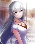  1girl blurry blurry_background breasts brown_eyes city cleavage collarbone commentary_request earrings grey_hair ich. idolmaster idolmaster_cinderella_girls jewelry large_breasts long_hair looking_at_viewer necklace outdoors road shirt short_sleeves solo street takamine_noa very_long_hair white_shirt 
