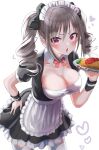  1girl :o apron black_bow black_dress black_wristband blush bow breasts cleavage collarbone commentary_request dress drill_hair food frilled_dress frills grey_hair hair_bow hand_on_hip haruki_(haruki678) heart highres holding holding_plate idolmaster idolmaster_cinderella_girls kanzaki_ranko large_breasts maid maid_apron maid_headdress medium_hair plate red_eyes sidelocks simple_background solo thighhighs twin_drills white_apron white_background white_headwear white_legwear 