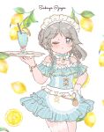  1girl apron aqua_bow aqua_bowtie aqua_dress bangs blue_bow blue_bowtie blue_dress blue_eyes blush bow bowtie bracelet braid character_name choker commentary_request cowboy_shot cup dot_nose dress dress_bow drink drinking_glass drinking_straw eyebrows_visible_through_hair food frilled_apron frilled_choker frilled_dress frills fruit fruit_background gloves grey_eyes grey_hair hair_bow hand_up holding holding_tray izayoi_sakuya jewelry lace-trimmed_apron lace-trimmed_dress lace_trim leaf leg_garter lemon lemon_slice long_hair looking_at_viewer maid_headdress one-hour_drawing_challenge one_eye_closed orange_bow parted_bangs pinstripe_dress pinstripe_pattern ribbon ribbon_choker sakurasaka short_dress short_sleeves single_glove solo striped sundress touhou tray twin_braids white_apron white_gloves 