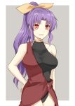  1girl bangs bare_shoulders black_swimsuit blush border breasts buttons dress eyebrows_visible_through_hair grey_background hair_ribbon hand_on_hip highres koto_(shiberia39) large_breasts long_hair looking_to_the_side open_clothes open_dress open_mouth ponytail purple_hair red_dress red_eyes ribbon simple_background sleeveless smile solo standing swimsuit touhou watatsuki_no_yorihime white_border yellow_ribbon 