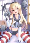  1girl anchor_hair_ornament black_hairband black_panties blonde_hair blue_skirt crop_top elbow_gloves gloves grey_eyes hair_ornament hairband highleg highleg_panties highres indoors kantai_collection long_hair microskirt panties rensouhou-chan sailor_collar shimakaze_(kancolle) skirt striped striped_legwear thighhighs thong tukimotoreiji underwear white_gloves 