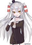  1girl amatsukaze_(kancolle) bangs black_dress blush breasts dress eyebrows_visible_through_hair fang garter_straps gloves grey_neckwear hair_between_eyes hair_tubes kantai_collection long_hair long_sleeves one-hour_drawing_challenge orange_eyes sailor_collar sailor_dress silver_hair simple_background skin_fang small_breasts solo twitter_username two_side_up white_background white_gloves white_sailor_collar yoshino_(mfmfpng) 