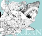  1boy animal_request blue_background blue_eyes closed_mouth commentary_request english_text expressionless fish flower highres jellyfish kamomiland long_sleeves looking_at_viewer male_focus monochrome original sea_turtle shark short_hair simple_background solo spot_color sweat turtle 