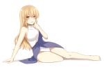  1girl absurdres bangs bare_shoulders barefoot blonde_hair blush breasts brown_choker buttons choker dress eyebrows_visible_through_hair full_body hair_between_eyes hand_up highres koto_(shiberia39) long_hair looking_at_viewer medium_breasts no_hat no_headwear open_clothes open_dress open_mouth purple_dress simple_background sitting smile solo swimsuit touhou watatsuki_no_toyohime white_background white_swimsuit yellow_eyes 