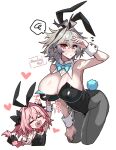 1boy 1girl animal_ears astolfo_(fate) bent_over blush bow bowtie braid braided_ponytail breasts closed_eyes commentary_request covered_nipples cowboy_shot detached_collar eyebrows_visible_through_hair fang fate/apocrypha fate_(series) flying_sweatdrops genderswap genderswap_(mtf) grey_hair hair_between_eyes hair_bow haoro heart heart_in_mouth highres large_breasts leotard long_hair looking_at_viewer open_mouth otoko_no_ko pantyhose pink_hair playboy_bunny rabbit_ears rabbit_tail red_eyes sieg_(fate) simple_background skin_fang sleeveless tail twitter_username watermark white_background wrist_cuffs 