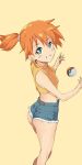  1girl aqua_eyes ass bare_arms bare_legs bare_shoulders bright_pupils commentary crop_top cutoffs eyebrows_visible_through_hair feet_out_of_frame from_side grin hands_up looking_at_viewer medium_hair midriff misty_(pokemon) orange_hair poke_ball poke_ball_(basic) pokemon pokemon:_the_electric_tale_of_pikachu short_shorts shorts side_ponytail simple_background sleeveless smile solo standing twisted_torso white_pupils yamada_taro_(yamada_tarou00) yellow_background 