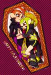  agent_3_(splatoon) agent_8_(splatoon) arm_around_waist bangs bike_shorts black_cape black_footwear black_pants black_shirt black_shorts blunt_bangs cape coffin cookie dated diagonal_stripes english_text fang food food_in_mouth gradient_hair green_hair hand_on_another&#039;s_head hetero holding_hands inkling_(language) interlocked_fingers jack-o&#039;-lantern_print long_hair long_sleeves looking_at_another lying matching_outfit midriff mohawk mouth_hold multicolored_hair navel octoling on_side one_eye_closed pants parted_lips pointy_ears purple_cape red_cape red_eyes red_hair shirt shoes shorts single_vertical_stripe smile splatoon_(series) splatoon_1 splatoon_2 splatoon_2:_octo_expansion squidbeak_splatoon striped striped_background suction_cups symbol-only_commentary tentacle_hair two-sided_cape two-sided_fabric very_long_hair vest yellow_footwear yellow_vest yeneny zipper 