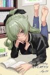  1girl alternate_costume alternate_hairstyle anchovy_(girls_und_panzer) barefoot bespectacled black_ribbon black_shirt blue_pants book bookshelf carpet character_name dated eyebrows_visible_through_hair feet girls_und_panzer glasses green_hair hair_ribbon happy_birthday head_rest highres legs_up long_hair looking_at_viewer lying matsui_yasutsugu on_floor on_stomach pants ponytail red_eyes ribbon shirt soles solo the_pose toes 