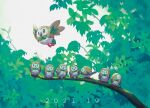  beak bird branch commentary_request dated flying green_eyes highres leaf no_humans open_mouth outdoors owl pokemon pokemon_(creature) rowlet shank 