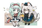  2girls animal_ears aqua_hair arknights baiwei_er_hao_ji bear_ears black_dress black_footwear blue_coat blue_eyes braid brown_jacket chibi chinese_clothes coat commentary_request dress expressionless eyebrows_visible_through_hair flower full_body grey_eyes grey_hair hair_between_eyes hair_flower hair_ornament hairband istina_(arknights) istina_(bibliosmia)_(arknights) jacket leopard_ears leopard_girl leopard_tail light_blush looking_at_viewer monocle multiple_girls neckerchief official_alternate_costume petals pramanix_(arknights) pramanix_(caster&#039;s_frost)_(arknights) red_hairband red_neckerchief semi-rimless_eyewear simple_background smile snowman socks standing tail under-rim_eyewear weibo_username white_background white_flower white_legwear 