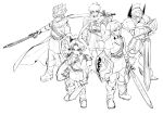  5boys absurdres armor bandages bangs belt boots cape character_request closed_mouth crossover dragon_quest dragon_quest_iii druaga_no_tou dual_persona fire_emblem fire_emblem:_path_of_radiance gilgamesh_(druaga) greyscale hair_between_eyes hat helmet highres holding holding_shield holding_sword holding_weapon ike_(fire_emblem) left-handed link male_focus master_sword monochrome multiple_boys over_shoulder parted_lips pointy_ears ragnell roto rx_hts shield short_sleeves spiked_hair spiked_helmet standing sword the_legend_of_zelda tunic weapon weapon_over_shoulder young_link 