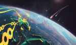  blurry commentary_request flying from_behind highres mega_pokemon mega_rayquaza meteor_shower no_humans orbit outdoors pokemon pokemon_(creature) rayquaza shank solo space 