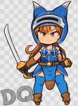  1girl armlet armor blue_armor breasts brown_eyes brown_gloves brown_hair checkered checkered_background chibi cleavage closed_mouth daisy_(dq) dragon_quest dragon_quest_yuusha_abel_densetsu fake_horns full_body gloves helmet horned_helmet horns ibara. long_hair looking_at_viewer smile solo sword thighhighs weapon 