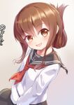  1girl anchor_symbol black_sailor_collar black_skirt brown_eyes brown_hair commentary_request folded_ponytail grey_background highres inazuma_(kancolle) kantai_collection long_hair looking_at_viewer metadio neckerchief red_neckerchief sailor_collar school_uniform serafuku skirt solo twitter_username 
