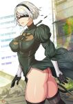  1girl ass black_blindfold black_dress black_gloves black_hairband black_legwear blindfold blindfold_pull blue_eyes breasts commentary_request day dress from_side gloves hairband juliet_sleeves leotard long_sleeves looking_at_viewer medium_breasts mole mole_under_mouth nier_(series) nier_automata one_eye_covered outdoors parted_lips patreon_logo puffy_sleeves redjet short_hair solo standing thighhighs torn_clothes torn_dress twisted_torso web_address white_hair white_leotard yorha_no._2_type_b 