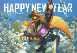  1boy absurdres apex_legends bouquet brown_headwear brown_jacket fedora flower gun happy_new_year hat heart highres holding holding_bouquet holding_gun holding_weapon humanoid_robot jacket korean_commentary memoir_noir_pathfinder new_year no_humans orange_eyes pathfinder_(apex_legends) rose science_fiction small_dduck solo twitter_username weapon white_flower white_rose yellow_flower yellow_rose 