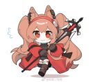  1girl :&gt; angelina_(arknights) angelina_(distinguished_visitor)_(arknights) animal_ear_fluff animal_ears arknights baiwei_er_hao_ji black_bodysuit black_gloves black_legwear bodysuit brown_hair chibi chinese_commentary commentary_request earpiece flying_sweatdrops fox_ears gloves hairband holding holding_staff jacket light_blush long_hair off_shoulder official_alternate_costume open_clothes open_jacket red_eyes red_hairband red_jacket running simple_background solo staff striped striped_hairband thigh_strap thighhighs twintails very_long_hair white_background 