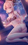  1girl aerial_fireworks ass bandaged_arm bandaged_leg bandages bare_shoulders barefoot blonde_hair bra breasts choker cleavage clothes_pull collarbone commentary earrings english_commentary fireworks genshin_impact grin highres holding jewelry lingerie long_hair looking_at_viewer medium_breasts navel night orange_eyes panties panty_pull ponytail red_choker rimuu shoulder_tattoo sitting smile solo spaghetti_strap sparkler stomach tattoo thighs two-tone_bra two-tone_panties underwear underwear_only white_panties yoimiya_(genshin_impact) yokozuwari 