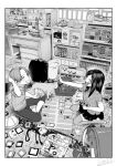  1boy 1girl absurdres alarm_clock animal backpack bag blush book bookshelf card cat chair child clock closed_eyes commentary_request desk game_boy greyscale hand_on_own_head handheld_game_console hat highres holding holding_card hood hoodie indoors instrument jorori keyboard_(instrument) manga_(object) melodica monochrome on_ground open_mouth original pants playing_games randoseru reward_available school_bag shirt sitting skirt smile thighhighs tissue_box toy toy_tank wariza window wire yu-gi-oh! 