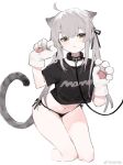  1girl :3 ahoge aiko_(kanl) animal_ears animal_hands barefoot black_panties black_shirt cat_ears cat_girl cat_tail collar commentary_request crop_top crop_top_overhang extra_ears gloves grey_hair hair_ribbon hands_up kneeling leash long_hair looking_at_viewer navel no_pants original panties paw_gloves revision ribbon shirt short_sleeves side-tie_panties sidelocks simple_background smile solo stomach string_panties tail thighs twintails underwear white_background yellow_eyes 