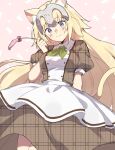  1girl alternate_costume animal_ear_fluff animal_ears apron blonde_hair blue_eyes blush breasts cat_ears cat_tail cattail closed_mouth collared_dress commentary dress eyebrows_visible_through_hair fate/apocrypha fate_(series) green_neckwear hair_between_eyes headpiece highres jeanne_d&#039;arc_(fate) jeanne_d&#039;arc_(fate/apocrypha) kabutomushi_s kemonomimi_mode long_hair looking_at_viewer medium_breasts plaid plaid_dress plant puffy_short_sleeves puffy_sleeves short_sleeves smile solo tail very_long_hair waist_apron waitress white_apron 