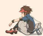  1boy bag blue_jacket blush brown_hair closed_mouth commentary_request from_side full_body grey_background grey_bag grey_shorts jacket leggings male_focus nate_(pokemon) pokemon pokemon_(game) pokemon_bw2 red_headwear shoes short_hair short_sleeves shorts shoulder_bag sitting solo toshiharu_(s_narutoshi) visor_cap 