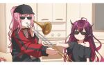  :3 baseball_cap commentary english_commentary hakos_baelz hat hololive hololive_english horns instrument irys_(hololive) jan_azure meme mori_calliope pink_hair pointy_ears ponytail purple_hair red_hair sunglasses trombone upper_body virtual_youtuber when_mama_isn&#039;t_home when_you_see_it younger 