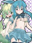  2girls breast_grab breasts glaceon grabbing hand_in_shirt hand_under_clothes hand_under_shirt leafeon lowres masatoshi midriff multiple_girls personification pokemon shirt shirt_lift skirt 