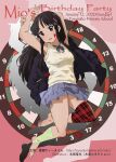  1girl akiyama_mio armpits bangs birthday black_hair blazer breasts character_name cleavage dartboard darts english_text grey_eyes hair_ornament heart heart_tattoo jacket k-on! long_hair looking_at_viewer medium_breasts mizuhara_tatsuya pink_background sakuragaoka_high_school_uniform school_uniform sidelocks solo tattoo 