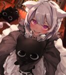 1girl absurdres animal animal_ear_fluff animal_ears apron black_cat black_dress blush braid cat cat_ears cat_girl cat_tail dress fangs frilled_apron frills highres holding holding_animal holding_cat long_sleeves looking_at_viewer maid maid_apron matsukai_mao nijisanji open_mouth purple_eyes short_hair silver_hair sleeves_past_fingers sleeves_past_wrists smile solo tail virtual_youtuber white_apron yukirei 