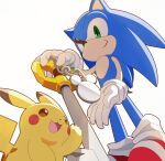  1boy animal_ears blue_eyes crossover gloves green_eyes highres jewelry keyblade kingdom_hearts looking_at_viewer male_focus neru_(neruneruru) no_humans pikachu pokemon pokemon_(creature) shoes simple_background smile sonic_(series) sonic_the_hedgehog super_smash_bros. white_gloves 