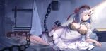  1girl absurdres apron azur_lane black_footwear black_hairband breasts chain chained cleavage clothing_cutout dido_(azur_lane) dong_24 dress flower frilled_apron frills full_body hair_flower hair_ornament hair_over_one_eye hairband highres indoors large_breasts layered_dress light_purple_hair looking_at_viewer lying on_side orange_eyes puffy_short_sleeves puffy_sleeves shoes short_sleeves shoulder_cutout solo white_apron white_flower 