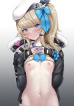  1girl bangs beret blonde_hair blue_bow blue_eyes blue_neckerchief blush bow breast_suppress breasts cardigan cardigan_lift commission eyebrows_visible_through_hair fingerless_gloves girls&#039;_frontline girls&#039;_frontline_2:_exilium gloves gradient gradient_background hat heart_stickers highres looking_at_viewer medium_hair microphone navel neckerchief nipples no_bra scrunchie side_ponytail sidelocks skeb_commission sleeves_past_wrists small_breasts solo speech_bubble spoken_blush sweatdrop upper_body vepley_(girls&#039;_frontline_2) wrist_scrunchie yaosera 