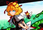  1girl blonde_hair blue_eyes bow bubble_skirt frilled_shirt frilled_sleeves frills medicine_melancholy puffy_short_sleeves puffy_sleeves qqqrinkappp red_bow red_neckwear red_ribbon ribbon shirt short_hair short_sleeves skirt solo touhou traditional_media wavy_hair 