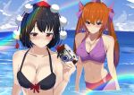  2girls alternate_costume bangs black_bra black_hair blue_sky blush bow bra breasts brown_hair camera cleavage cloud collarbone commentary_request eyebrows_visible_through_hair hat highres himekaidou_hatate holding holding_camera kitaura_kasumi large_breasts long_hair looking_at_viewer multiple_girls ocean pom_pom_(clothes) purple_eyes purple_swimsuit rainbow red_bow red_eyes red_headwear shameimaru_aya short_hair sky smile stomach swimsuit tassel tokin_hat touhou two_side_up underwear wet wet_face wet_hair 