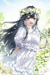  1girl :d absurdres arms_behind_back black_hair blurry blurry_background blurry_foreground cover cover_page dress eyebrows_visible_through_hair fang field flower flower_field frilled_dress frills grey_eyes hair_between_eyes hair_ornament head_wreath highres korean_commentary long_hair looking_at_viewer ninto official_art open_mouth original short_sleeves smile sparkle white_dress wreath 