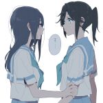  2girls bangs black_hair blue_eyes blue_hair blue_neckerchief blue_sailor_collar blue_skirt closed_mouth hand_up hibike!_euphonium holding_another&#039;s_arm kasaki_nozomi kitauji_high_school_uniform liz_to_aoi_tori long_hair looking_at_another multiple_girls neckerchief parted_lips pleated_skirt ponytail red_eyes ree_(re-19) sailor_collar school_uniform serafuku shirt short_sleeves simple_background skirt speech_bubble white_background white_shirt yoroizuka_mizore 