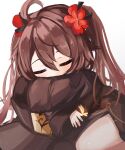  1girl absurdres ahoge black_dress black_headwear brown_hair bug butterfly child closed_eyes dress flower genshin_impact hair_flower hair_ornament hat highres hu_tao_(genshin_impact) long_sleeves plum_blossoms sleeping solo teca_(ryeol) top_hat twintails wide_sleeves younger 