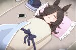  1girl animal_ears bangs black_hair blanket blue_bow blue_ribbon bow closed_eyes commentary_request food hair_over_one_eye hat hat_removed headwear_removed horse_ears long_hair morita_(mofuball319) object_namesake parted_lips pillow plate prank ribbon rice_shower_(umamusume) solo sumaki_(action) sushi sweatdrop towel umamusume 