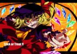 1girl adapted_costume ascot bangs commentary_request crazy_eyes crystal english_text eyebrows_visible_through_hair fangs fingernails flandre_scarlet frilled_shirt_collar frilled_sleeves frills halloween hat hat_ribbon karasaki laevatein_(touhou) lower_teeth mob_cap multicolored_wings nail_polish open_mouth orange_background puffy_short_sleeves puffy_sleeves red_eyes red_nails red_ribbon ribbon sharp_fingernails short_hair_with_long_locks short_sleeves side_ponytail slit_pupils solo teeth touhou uneven_eyes upper_body wings wrist_cuffs yellow_ascot yellow_eyes 