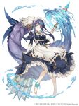  1girl absurdly_long_hair alternate_costume anklet apron barefoot blue_eyes breasts clothes_lift dress dress_lift earrings enmaided fins frilled_dress frills full_body gloves jewelry ji_no large_breasts long_hair looking_at_viewer mace maid maid_apron maid_headdress ningyo_hime_(sinoalice) official_art ponytail purple_hair sinoalice solo square_enix very_long_hair water weapon white_background white_gloves 