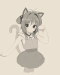  1girl :3 animal_ears blush_stickers cardcaptor_sakura cat_ears cat_tail commentary cowboy_shot crumbles dress english_commentary grey_background greyscale hair_bobbles hair_ornament highres kemonomimi_mode kinomoto_sakura looking_at_viewer medium_hair monochrome paw_pose simple_background smile solo standing tail tail_raised two_side_up 