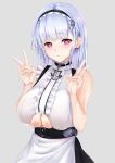  1girl absurdres after_paizuri apron azur_lane black_skirt breasts center_frills clothing_cutout cum cum_on_body cum_on_breasts dido_(azur_lane) double_v earrings eyebrows_visible_through_hair frills grey_background heart heart-shaped_pupils highres huge_breasts jewelry light_purple_hair long_hair looking_at_viewer mippei purple_eyes shirt simple_background skirt sleeveless sleeveless_shirt solo standing symbol-shaped_pupils underboob underboob_cutout v white_apron white_shirt 