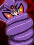  1girl arbok black_hair closed_eyes cobra_(animal) commentary_request constriction crossover fangs hat highres kantai_collection mini_hat open_mouth pokemon pokemon_(creature) red_background saliva short_hair short_hair_with_long_locks sidelocks smokestack_hair_ornament snake strangling tokitsukaze_(kancolle) tongue tongue_out yaeba 