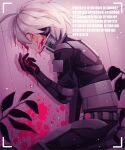  1boy ahoge android arm_support bangs binary black_jacket blood blood_on_face blood_on_wall cheer_(cheerkitty14) danganronpa_(series) danganronpa_v3:_killing_harmony eyebrows_visible_through_hair from_side grey_hair hand_up highres jacket keebo male_focus pink_blood plant potted_plant profile seiza shiny shiny_hair short_hair sitting translation_request wide-eyed 