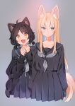  2girls :3 :| ahoge akagashi_hagane animal_ear_fluff animal_ears arms_at_sides bangs black_blouse black_cardigan black_hair black_sailor_collar black_serafuku black_skirt blonde_hair blouse blush cardigan cat_ears clenched_hands closed_mouth clothes_down collarbone cowboy_shot cropped_legs dog_ears dog_girl dog_tail dot_nose expressionless eyebrows_visible_through_hair eyes_visible_through_hair fangs gradient_eyes green_eyes grey_background grey_neckerchief hair_between_eyes hair_ornament hands_up long_hair long_sleeves looking_at_viewer low_twintails multicolored_eyes multiple_girls neckerchief open_cardigan open_clothes open_mouth original pleated_skirt sailor_collar school_uniform serafuku short_hair short_twintails simple_background skirt slit_pupils standing straight-on swept_bangs tail tareme tsurime twintails x_hair_ornament yellow_eyes 