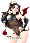  1girl absurdres armpits breasts bridal_gauntlets commission covered_navel cowboy_shot demon_girl demon_horns demon_tail demon_wings fangs fate/grand_order fate_(series) heart heart_tattoo highres horns ishtar_(fate) large_breasts leotard looking_at_viewer open_mouth red_eyes saltnvalk simple_background solo tail tattoo teeth tongue white_background wings 