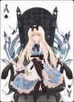  1girl alice_(alice_in_wonderland) alice_in_wonderland bangs black_legwear blonde_hair blue_eyes bug butterfly card chair crossed_legs dress eyebrows_behind_hair eyebrows_visible_through_hair hair_ribbon highres looking_at_viewer merry_hearm playing_card poker ribbon sitting solo thighhighs 